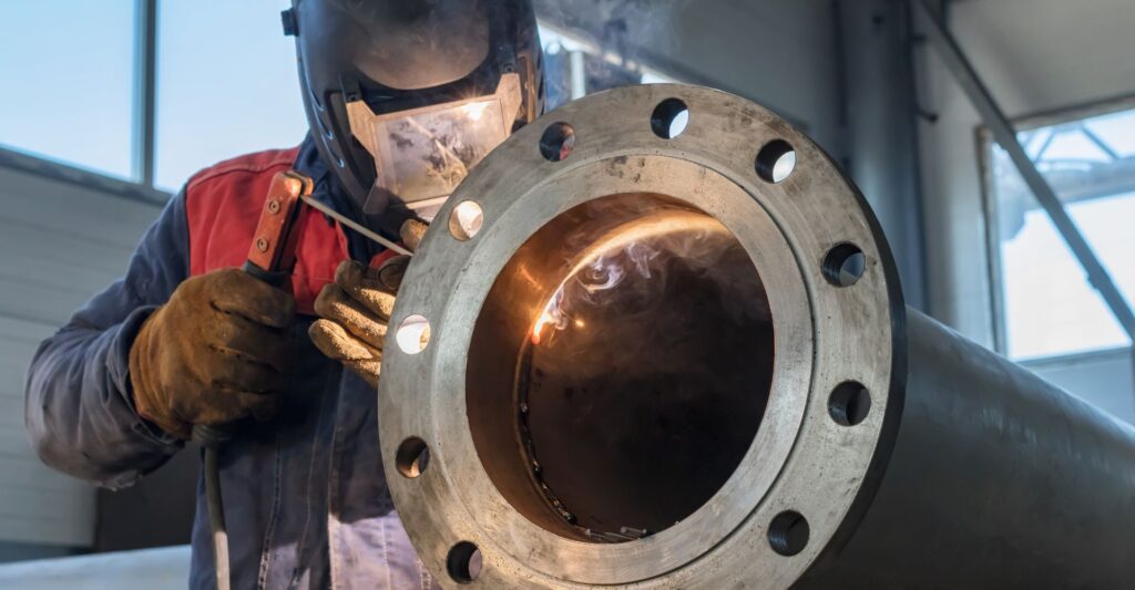 A welder working on a pipe