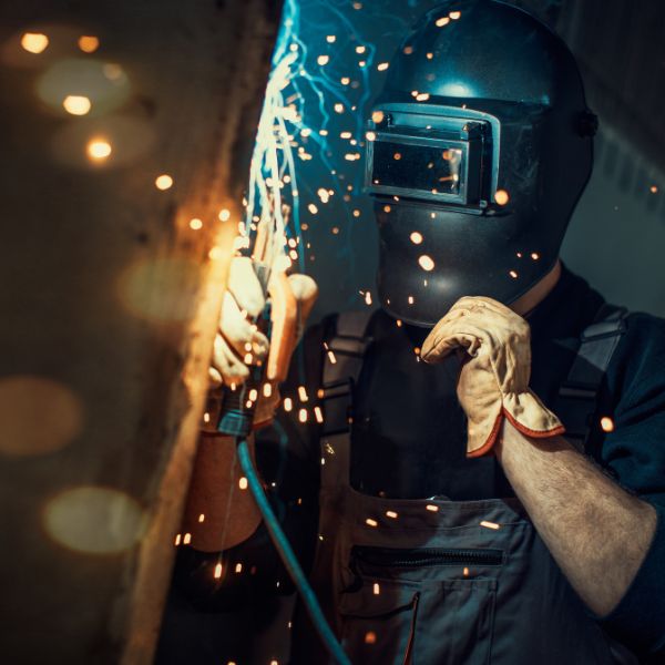 Welder in welding helmet
